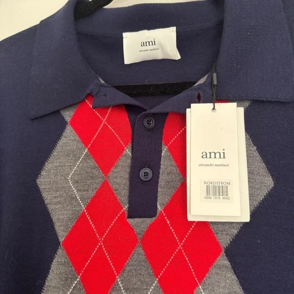 Ami Alexandre Mattiussi Navy Blue Grey Red Men’s Argyle Wool Sweater NWT Size L